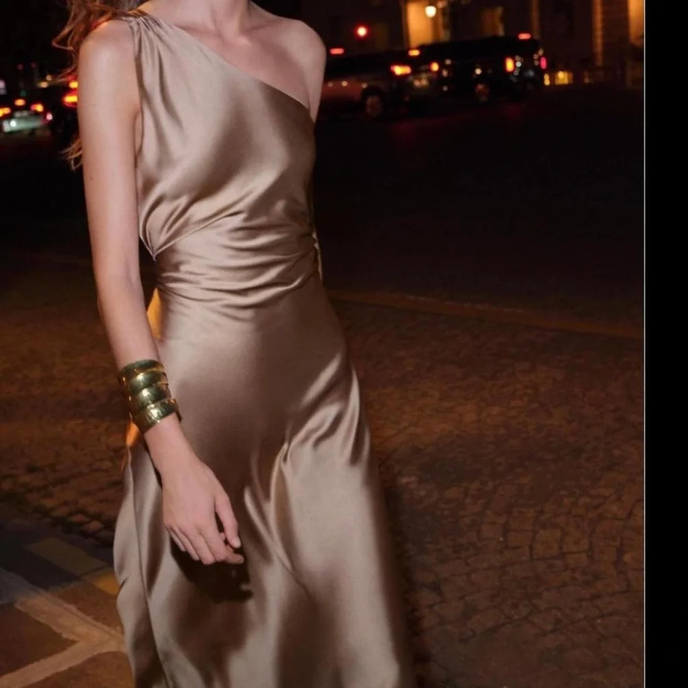 Zara One-Shoulder Satin Slip Summer Dress in Copper bronze color - Picture 2 of 10